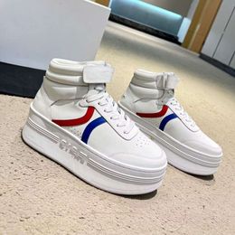 High Quality Genuine Leather Thick with Increased Lace Up Small White Velcro High Top Sponge Sole Sports Shoes, Color Blocking Board Shoes