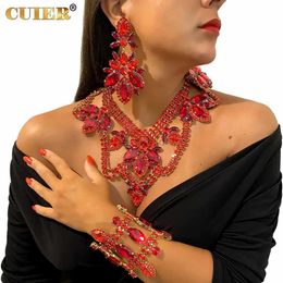 Bangle Cuiier Passionate Red Zirconia Necklace Earring Bracelet Set For Women Huge Size Wedding Jewellery For Honeymoons Drag Queen 240319