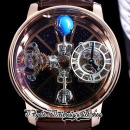 BZF Astronomia Tourbillon Swiss Quartz Mens Watch Rose Gold Steel Case Sky Skeleton 3D Globe Dial won't spin Brown Leather 301E