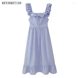 Casual Dresses KEYANKETIAN 2024 Launch Women Ruffled Decoration Blue White Striped Dress Hollow Out Lace Up Backless Sleeveless MIDI