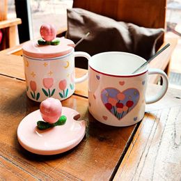 Mugs Cute Ceramic Cup Tulip Office Coffee Home Drinking Mug With Lid Spoon Creative Girl Flower Teacup