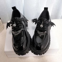 Pumps Metal Chain Platform Shoes Women Lolita Gothic Wing Design Shoes for Women College Style Leather Pumps Women School Uniform Shoe