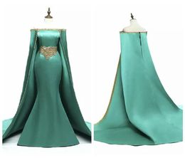 2019 Saudi Arabia Long Prom Dresses With Cape Gold Beading Muslim Mermaid Formal Gowns Evening Wear Boat Neck Satin Events Party D9835975