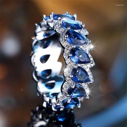 Cluster Rings Mothers Day Royal Blue Stone Pear Cut Water Drop Zircon Wedding Bands Silver Color Luxury Female Engagement For Women Gift