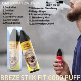 Original Breze Stiik Fit 6000 Puff Disposable Vapes 2% 3% 5% Strength 15ml Pod 12 Flavours E Cigarettes 500mAh Battery 6k Puffs Vapes