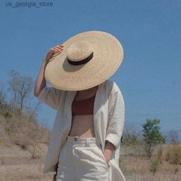 Wide Brim Hats Bucket Hats Womens Raffia Wide Brim Rowing Hat 15cm 18cm Brim Str Hat Flat Top Womens Summer White Black Ribbon Tie Sun Hat Beach Hat Y240319