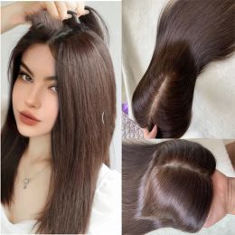 Toppers Natural Straight European Virgin Human Hair Topper for Women with Thinning Hair Full Silk Base Toupee with 4 Clips Silk Top