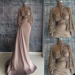 Sexy Saudi Arabia Prom Dresses 2024 Formal High Neck Satin Evening Dress Mermaid Long Sleeve Sequined Cocktail Party Gowns