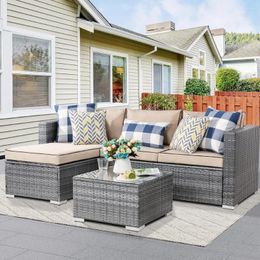 Camp Furniture Garden Sofa 3-piece Outdoor Segmented Silver All-weather Rattan Wicker Small With Washable Cushions And Glass Table