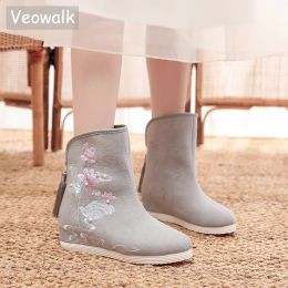 Boots Veowalk Winter Women Warm Thick Cotton Short Ankle Boots Comfortable Ladies Flat Booties Chinese Embroidery Shoes Black Grey