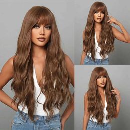 Synthetic Wigs Honey Brown Synthetic Wigs with Bangs Long Natural Wavy Hair Wigs for Women Heat Resistant Cosplay Wig 240329