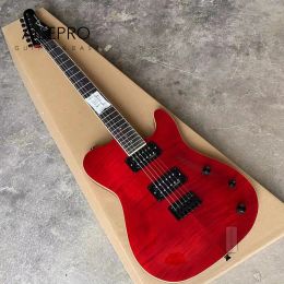 Guitar GroteElectric Guitar Set in Neck, Red Color, Flame Maple Top, Black Hardware, Abalone Dots Inlays, Mahogany Body, Free Shipping