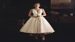 Tea Length Satin High Low Aline Short Wedding Dresses V Neck Sleeveless Hi Lo Women Informal Short Bridal Gowns Custom Made5350360