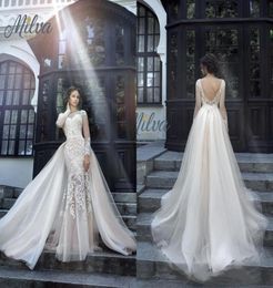 Gorgeous Milva Bridal Wedding Dresses Illusion Long Sleeves Low Back Lace Mermaid Wedding Dress with Detachable Skirt2389646