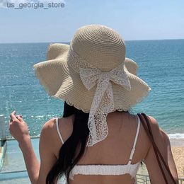 Wide Brim Hats Bucket Hats Womens Str Hat Spring/Summer Lace Bow Big Brim Breathable Foldable Sun Hat Beach Hat Sweet Fisherman Hat S131 Y240319