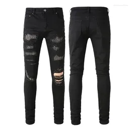 Men's Jeans High Street Black Elasticity Luxury Solid Colour Diamond Denim Male Pants Fashion Broken Hole Man Trousers