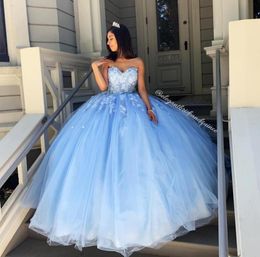 Sky Blue Simple Sexy Lace Quinceanera Prom Dresses Sweetheart Beaded Hand Made Flowers Tulle Evening Party Sweet 16 Dress ZJ3063592145