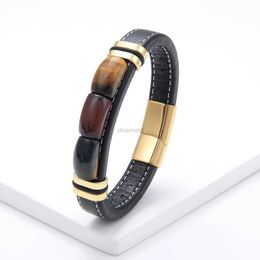 Bangle NewMoon Shape 100% Natural Stone Tiger Eye Vintage Jewellery With Hanging Ornament Wide Leather Cord Bracelet 316L Stainless Steel Bracelet Unisex 240319