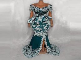 Major Beading Mermaid Prom Dresses Sheer Neckline Aso Ebi Evening Gown Peplum Lace Applques Side Split Gowns robe de soiree5153024