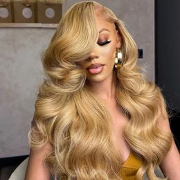 Synthetic Wigs Synthetic Wigs Honey Blonde Lace Front Human Hair Wigs PrePlucked Glueless Brazilian 27# Coloured 13x4 Body Wave HD Lace Frontal Wigs On Sale 240327