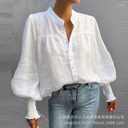 Women's Blouses Y2K Button Front BlouseV-neck Lantern Sleeve Loose Plain Top Shirt Women Summer Solid Colour White Casual Cute