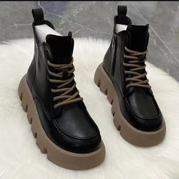 Boots Chunky Platform New In Women's Boots Autumn Shoes Woman Winter 2023 Black Booties Ankle Genuine Leather and Fur Hot Leather Flat