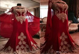 2019 New Luxury Lace Red Arabic Dubai kaftan Evening Dresses Sweetheart Beaded Applique Mermaid Prom Dresses with Cloak Formal Par5363720