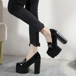 Dress Shoes 16CM Chunky Platform Loafers Heel Patent Leather Slip On Casual Women Lady Office Japanese Lolita Black Heels