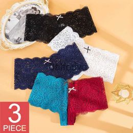 Women's Panties 3PCS Women Sexy Lace Panties Floral Perspective Underwear Solid Comfortable Ladies Intimates Boyshort Hollow Out Underpants 240319