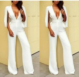 White Jumpsuits 2019 Evening Dresses With Wrap Deep V Neck Sexy Women Formal Dresses Floor Length Prom Party Gowns Custom Made5122677