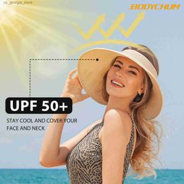 Wide Brim Hats Bucket Hats Leisure wide Brim Str hat summer sun hat beach hat summer rolled up folding sun hat UV protective hat Y240319