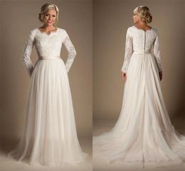 2024 Скромные кружевные свадебные платья трапециевидной формы с бисером и длинными рукавами на пуговицах сзади, шифоновые свадебные платья, свадебное платье