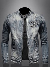 Denim Jacket Men Casual Loose Large Fashion Zipper Oneck Coat Man 2024 Spring Soft Amercian Long Sleeves Street Outwears 240311
