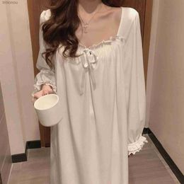 Women's Sleepwear White Night Dress Women Korean Style Ruffles Pyjamas Long Sleeve Solid Night Wears for Women Loose Nightgown for Sleep LadiesC24319