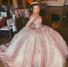 Amazing Rose Gold Long Sleeves 3D Flower Quinceanera Prom Dress Ball Gown Beaded Illusion Evening Formal Gowns Sweet 16 Vestidos9175992