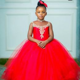 2024 Red Flower Girl Dresses Communion Dress High Neck Tiered Tulle Ball Gowns Queen Birthday Dress Lace Beaded For African Nigeria Black Girls NF125