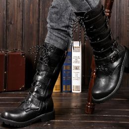 boots Large SizeMen's Leather Motorcycle Boots Midcalf Military Combat Boots Gothic Belt Punk Boots Men Shoes Tactical Army Boot 2023