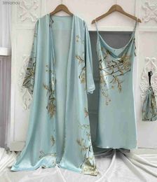 Women's Sleepwear Print 2pcs Robe Sleep Suit Women Bridal Kimono Bathrobe Gown Lingerie Satin V-Neck Sleepwear Strap Nightgown LoungewearC24319