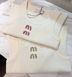 2024 Spring/Summer New Women Designer Tee Beaded MM Logo Letter Cropped T-shirt Knit Sleeveless Tank Tops Sexy Casual White Tanks