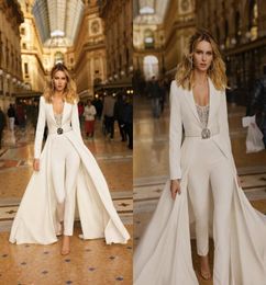 2020 Berta Wedding Jumpsuits Lace Beads Overskirts A Line Beach Wedding Dress Sweep Train Long Sleeves Satin Boho Vestidos De Novi8717068