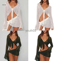 Skirts Skorts Womens 2 Piece Cover Up See Through Swimsuit Sheer Mesh Tie Knot Long Sleeve Crop Top and Mini Wrap Skirt Sarong Outfit 240319