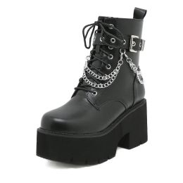 Boots Women Platform Ankle Boots Black Gothic Pu Leather Woman Creeper Punk Shoes Female Chunky Heel Short Boots Plus Size