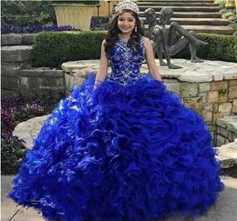 Tiered Cascading Ruffles Royal Blue Quinceanera Dresses Jewel Neck Crystal Organza Sweet 16 Dress with Fee Crown Vestidos 15 6505066