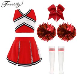 Kids Cheerleading Uniform Cheerlead Outfit Sequins Sleeveless Crop Top Skirt with Socks Flower Child School Girls Dancewear Sets 240305