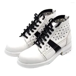 Boots Spring And Summer Round Head White Perforated Strap Short Casual Thick Sole Square Heel Elevated Large Small Men