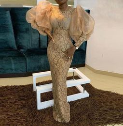 Aso Ebi Vintage Gold Lace Evening Dresses 2021 New Mermaid Floor Length Puffy Long Sleeves African Women Formal Dress Prom Gowns4791219