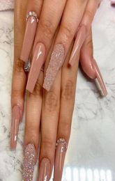 False Nails Nude Press On Rhinestone XL Length Coffin Fake Nail Tips Pre Designed Z1602692394