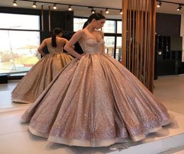 New Rose Gold Sparkly Ball Gown Quinceanera Dresses With Spaghetti Ruched Backless Sweet 16 Dress For Girls Bling Sequins Prom Dre5678576