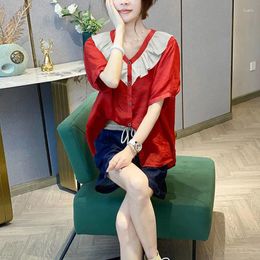 Women's Blouses Commute Fashion Ruffles Spliced Shirt Sweet Female Clothing Single-breasted Summer Thin Korean V-Neck Short Sleeve Loose