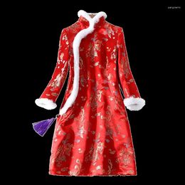 Ethnic Clothing Hanfu Qipao Traditional Chinese Dress Cotton Jacket Coat Women's Thickened Padded Winter Festive Elegant Red Cheongsam